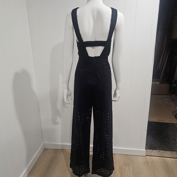 MNG Eyelet Lace Wide Leg Jumpsuit Sleeveless Square Neck Boho Chic Sz.L - Picture 8 of 12